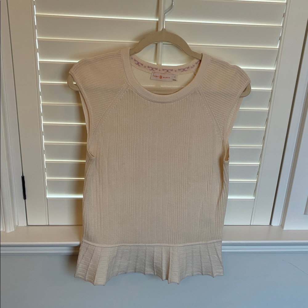 Tory Burch Sleeveless Cream Ribbed Peplum Top